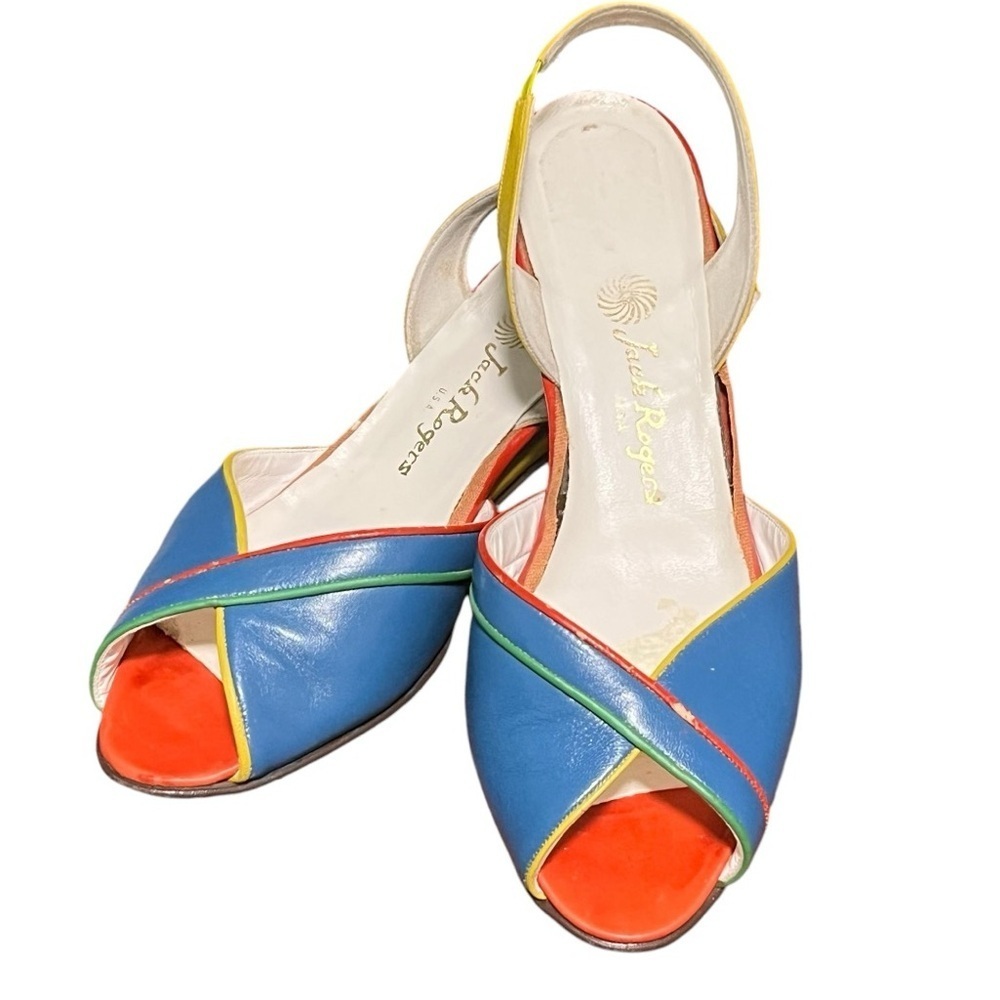 Jack Rogers Blue, Yellow & Red Multicolor Leather Wedge Slingbacks